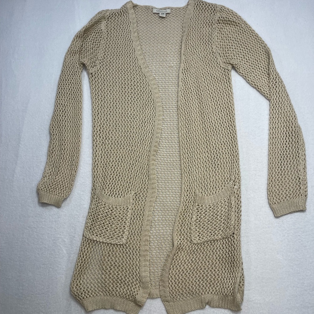 Beige Open Knit Cardigan Lightweight Boho Beach Cover-Up S/M